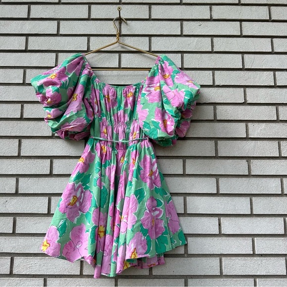 &merci Bubble Puff Sleeve Pink Green Floral Floral Flare Mini Dress - Picture 14 of 14